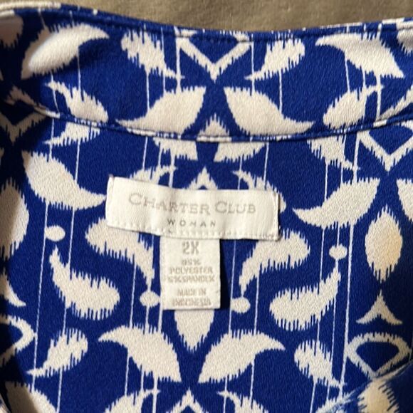 Charter Club 2X Cobalt Royal Blue White Pullover 6 Button Front Long Sleeve Top - Picture 13 of 16